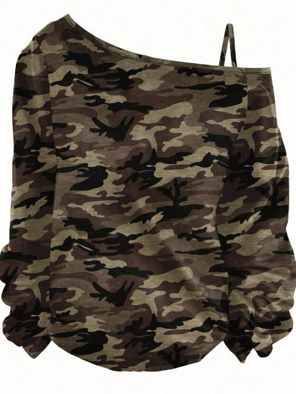 One-Shoulder Camo Top in Olive & Brown